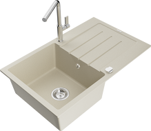 Mexen Bruno Granitspüle 1-beckig mit Abtropffläche und Küchenarmatur Flora, beige - 6513-69-670401-00