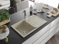 Mexen Bruno Granitspüle 1-beckig mit Abtropffläche und Küchenarmatur Flora, beige - 6513-69-670401-07