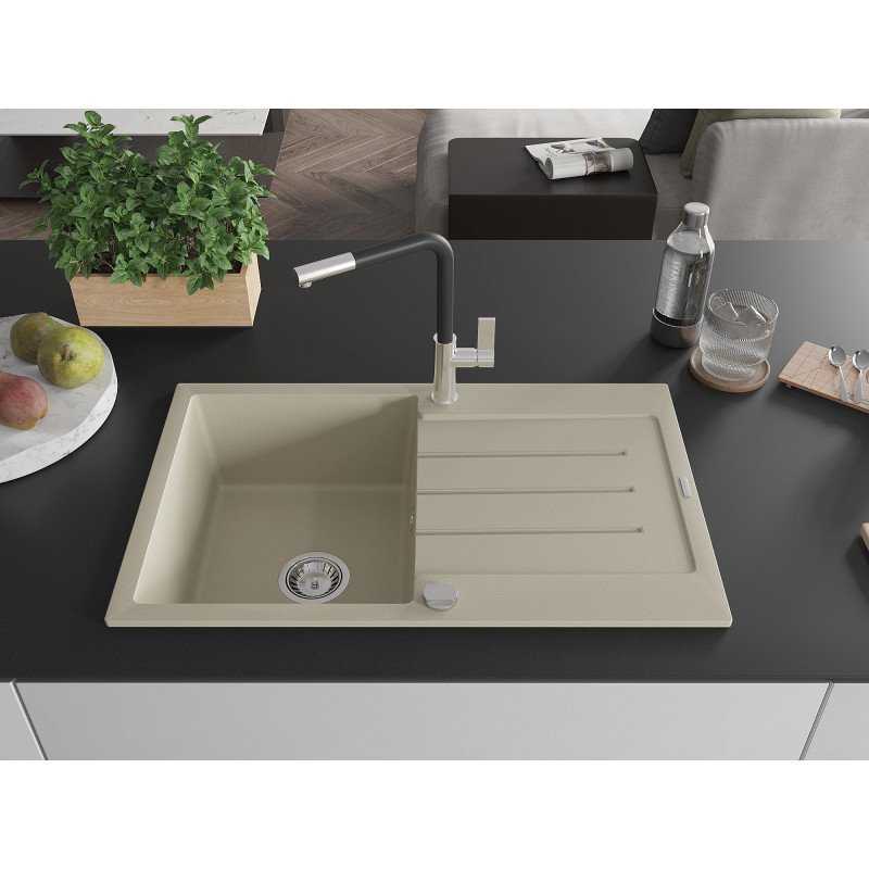 Mexen Bruno Granitspüle 1-beckig mit Abtropffläche und Küchenarmatur Flora, beige - 6513-69-670401-07