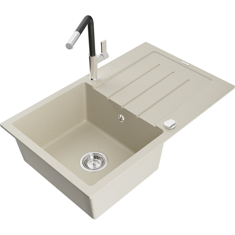 Mexen Bruno granitspüle 1-becken mit abtropffläche und Küchenarmatur Flora, beige - 6513-69-670401-07