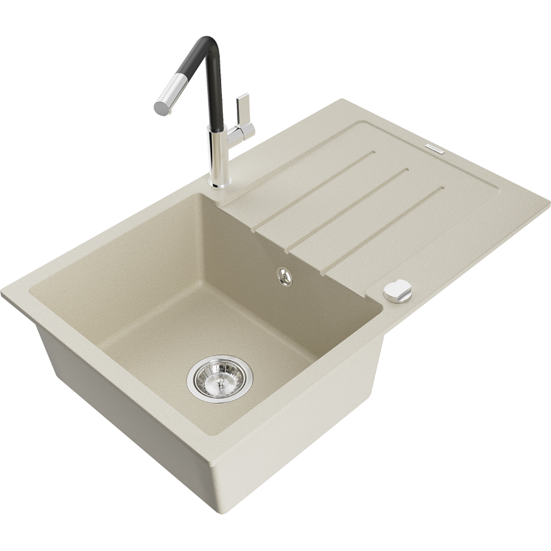 Mexen Bruno Granitspüle 1-beckig mit Abtropffläche und Küchenarmatur Flora, beige - 6513-69-670401-07