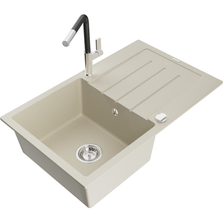 Mexen Bruno Einbau Granitspüle 1-Becken mit Abtropffläche und Küchenarmatur Flora, beige - 6513-69-670401-07