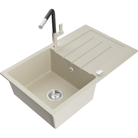Mexen Bruno Granitspüle 1-beckig mit Abtropffläche und Küchenarmatur Flora, beige - 6513-69-670401-07