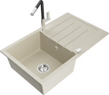 Mexen Bruno Einbau Granitspüle 1-Becken mit Abtropffläche und Küchenarmatur Flora, beige - 6513-69-670401-07