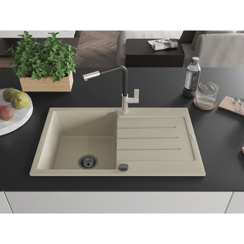 Mexen Bruno Granitspüle 1-Becken mit Abtropffläche und Küchenarmatur Flora, beige - 6513-69-670401-07-B
