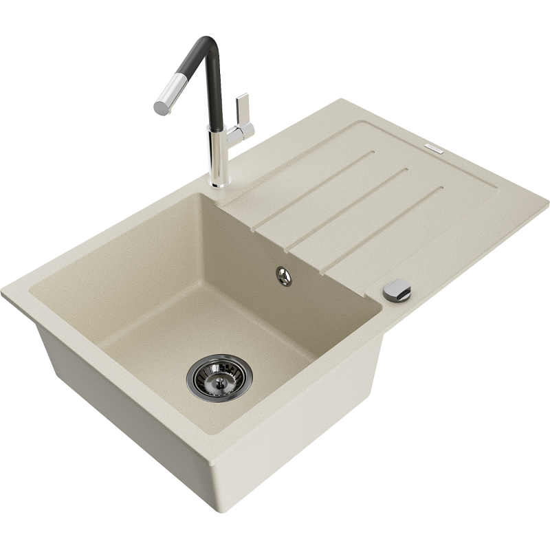Mexen Bruno Granitspüle 1-Becken mit Abtropffläche und Küchenarmatur Flora, beige - 6513-69-670401-07-B