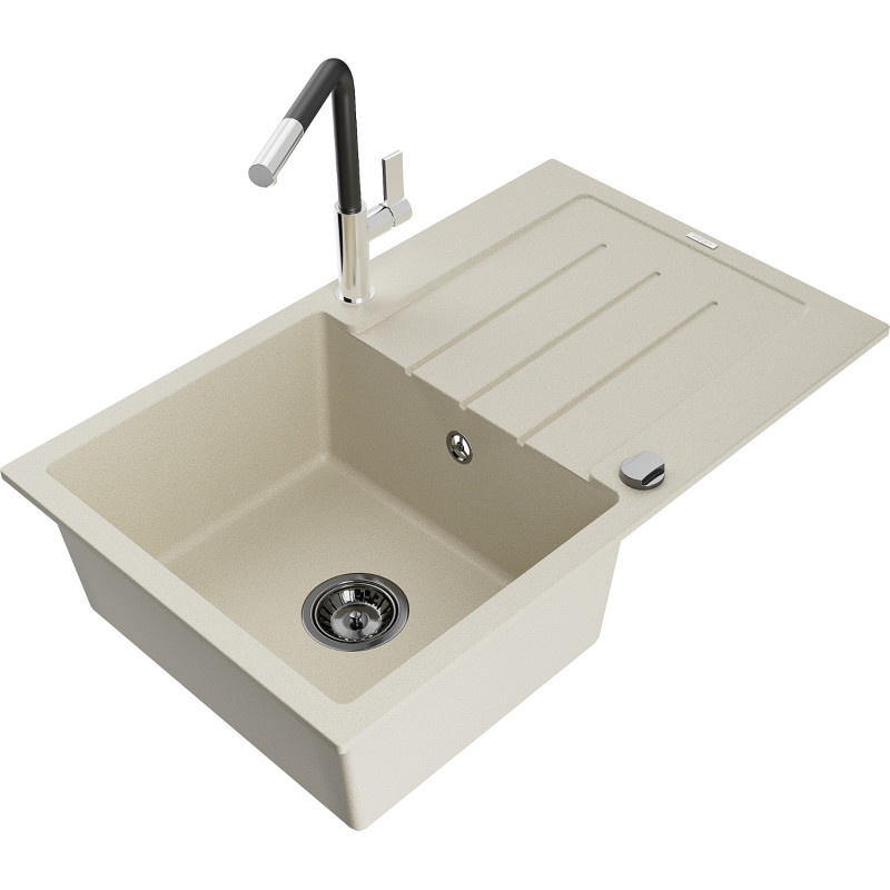 Mexen Bruno Granitspüle 1-beckig mit Abtropffläche und Küchenarmatur Flora, beige - 6513-69-670401-07-B