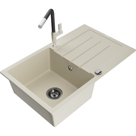 Mexen Bruno Granitspüle 1-Becken mit Abtropffläche und Küchenarmatur Flora, beige - 6513-69-670401-07-B
