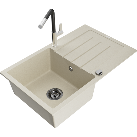 Mexen Bruno Granitspüle 1-Kammer mit Abtropffläche und Küchenarmatur Flora, beige - 6513-69-670401-07-B