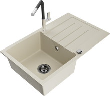 Mexen Bruno Granitspüle 1-beckig mit Abtropffläche und Küchenarmatur Flora, beige - 6513-69-670401-07-B