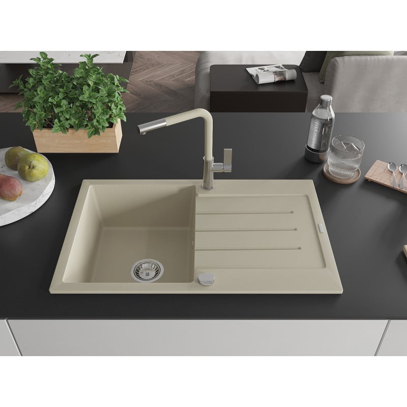 Mexen Bruno Granitspüle, 1-beckig mit Abtropffläche und Küchenarmatur Flora, beige - 6513-69-670401-09