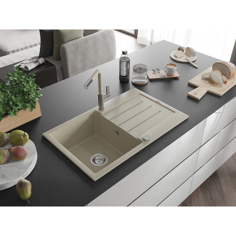 Mexen Bruno Granitspüle, 1-beckig mit Abtropffläche und Küchenarmatur Flora, beige - 6513-69-670401-09