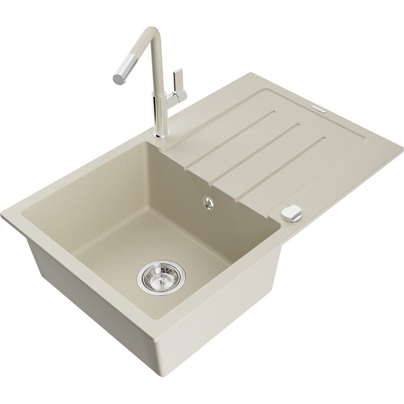 Mexen Bruno granitspüle 1-becken mit abtropffläche und küchenarmatur Flora, beige - 6513-69-670401-09