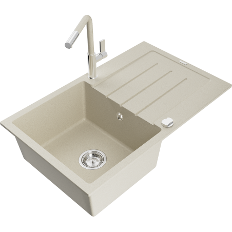 Mexen Bruno Granitspüle, 1-beckig mit Abtropffläche und Küchenarmatur Flora, beige - 6513-69-670401-09