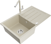 Mexen Bruno granitspüle 1-becken mit abtropffläche und küchenarmatur Flora, beige - 6513-69-670401-09