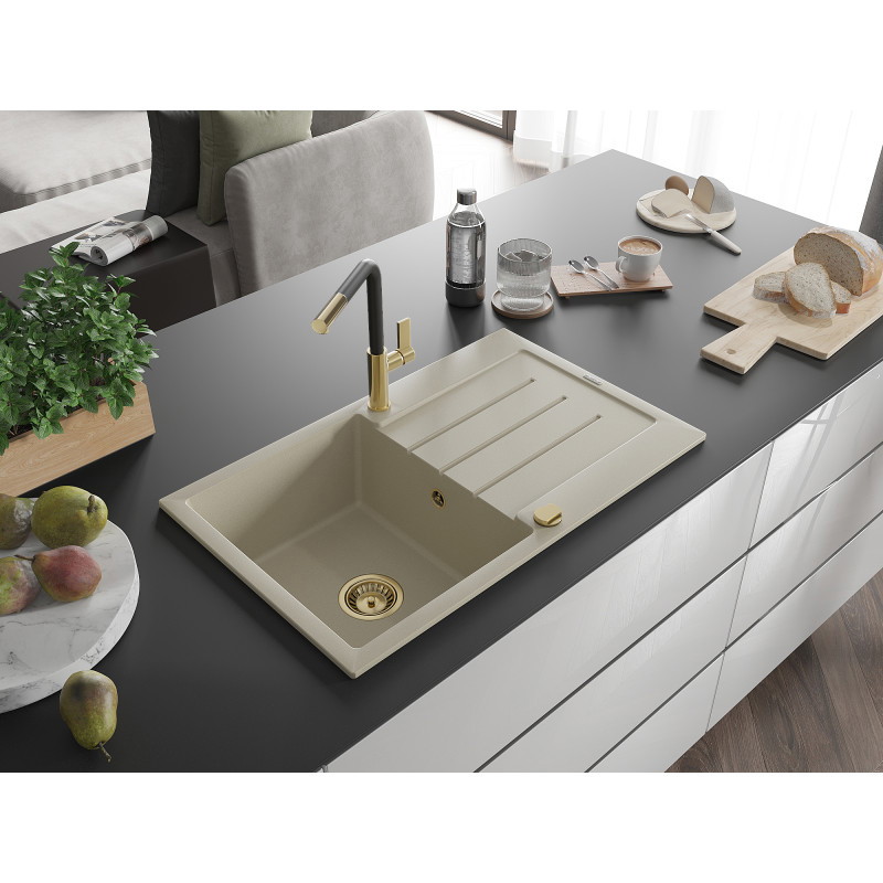 Mexen Bruno Granitspüle 1-Kammer mit Abtropffläche und Küchenarmatur Flora, beige - 6513-69-670401-57-G