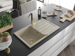 Mexen Bruno Granitspüle 1-Kammer mit Abtropffläche und Küchenarmatur Flora, beige - 6513-69-670401-57-G