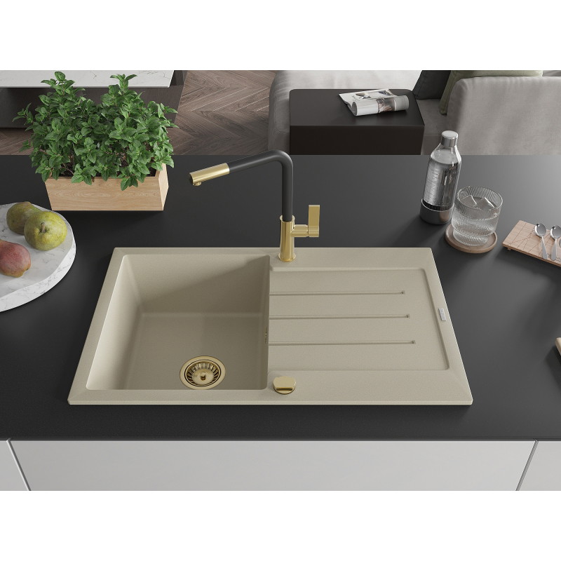 Mexen Bruno granitspüle 1-becken mit abtropffläche und küchenarmatur Flora, beige - 6513-69-670401-57-G