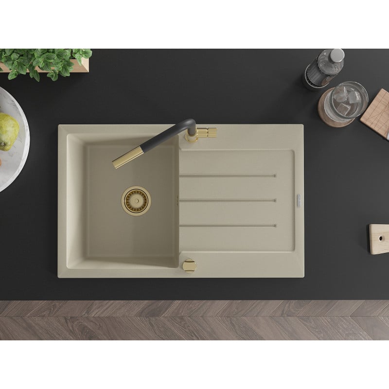 Mexen Bruno Granitspüle 1-Kammer mit Abtropffläche und Küchenarmatur Flora, beige - 6513-69-670401-57-G