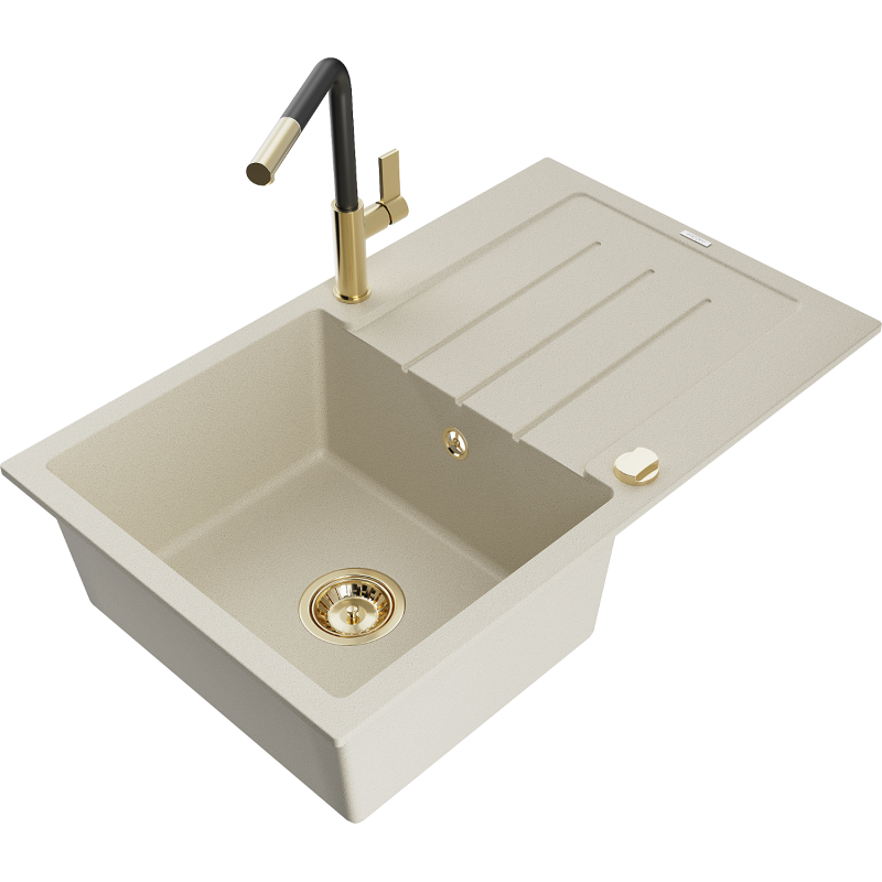 Mexen Bruno Granitspüle 1-Kammer mit Abtropffläche und Küchenarmatur Flora, beige - 6513-69-670401-57-G