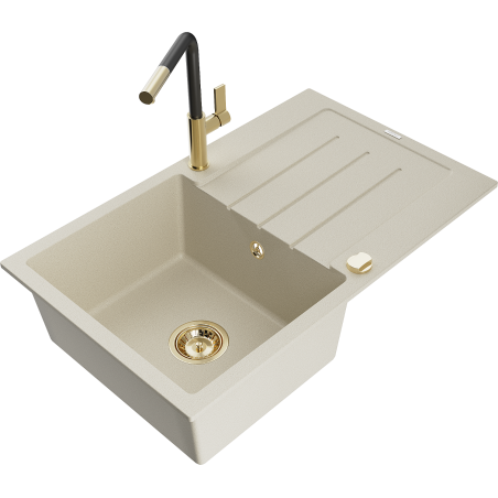 Mexen Bruno Granitspüle 1-Kammer mit Abtropffläche und Küchenarmatur Flora, beige - 6513-69-670401-57-G