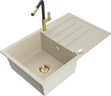 Mexen Bruno granitspüle 1-becken mit abtropffläche und küchenarmatur Flora, beige - 6513-69-670401-57-G