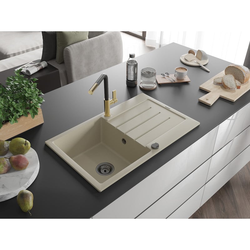 Mexen Bruno Granitspüle 1-beckig mit Abtropffläche und Küchenarmatur Flora, beige - 6513-69-670401-57-B