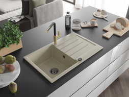 Mexen Bruno Granitspüle 1-beckig mit Abtropffläche und Küchenarmatur Flora, beige - 6513-69-670401-57-B