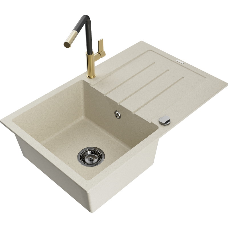 Mexen Bruno Granitspüle 1-Becken mit Abtropffläche und Küchenarmatur Flora, beige - 6513-69-670401-57-B