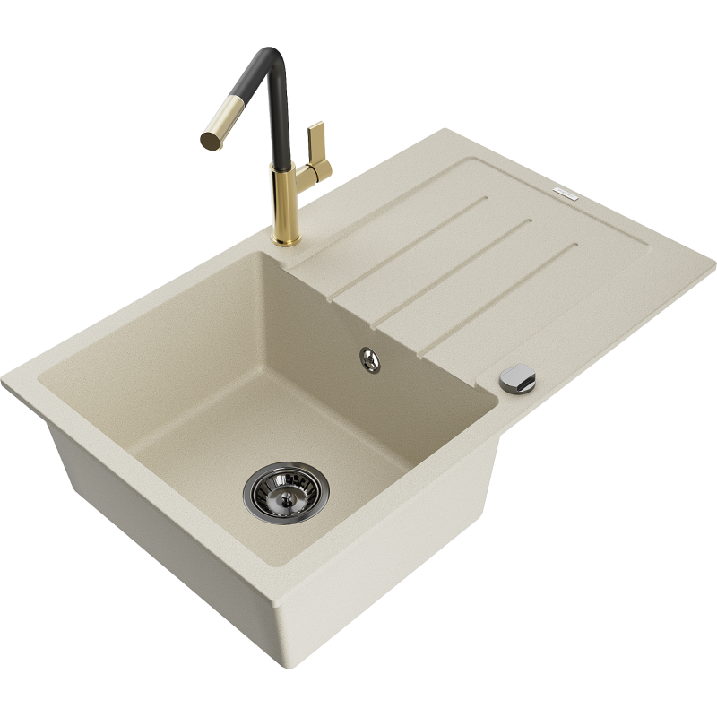 Mexen Bruno Granitspüle 1-beckig mit Abtropffläche und Küchenarmatur Flora, beige - 6513-69-670401-57-B