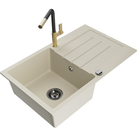 Mexen Bruno Granitspüle 1-Becken mit Abtropffläche und Küchenarmatur Flora, beige - 6513-69-670401-57-B