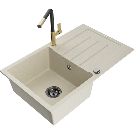 Mexen Bruno Granitspüle 1-beckig mit Abtropffläche und Küchenarmatur Flora, beige - 6513-69-670401-57-B
