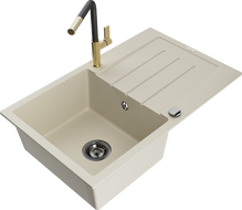 Mexen Bruno Granitspüle 1-Becken mit Abtropffläche und Küchenarmatur Flora, beige - 6513-69-670401-57-B