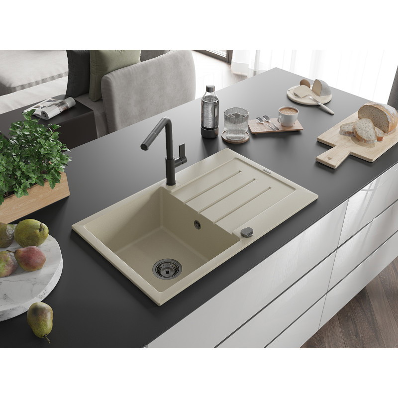 Mexen Bruno Granitspüle 1-Becken mit Abtropffläche und Küchenarmatur Flora, beige - 6513-69-670401-70-B