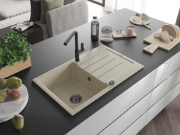 Mexen Bruno Granitspüle 1-Becken mit Abtropffläche und Küchenarmatur Flora, beige - 6513-69-670401-70-B