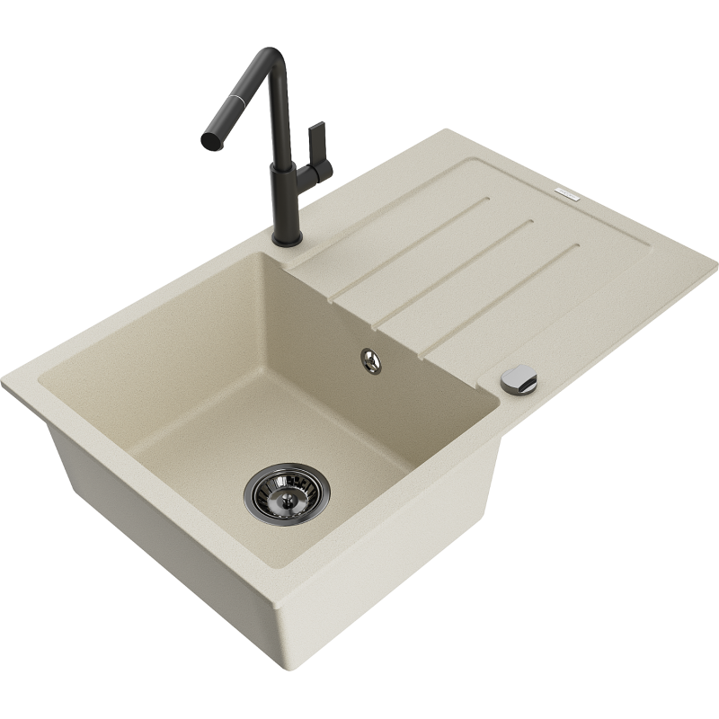 Mexen Bruno Granitspüle 1-Becken mit Abtropffläche und Küchenarmatur Flora, beige - 6513-69-670401-70-B