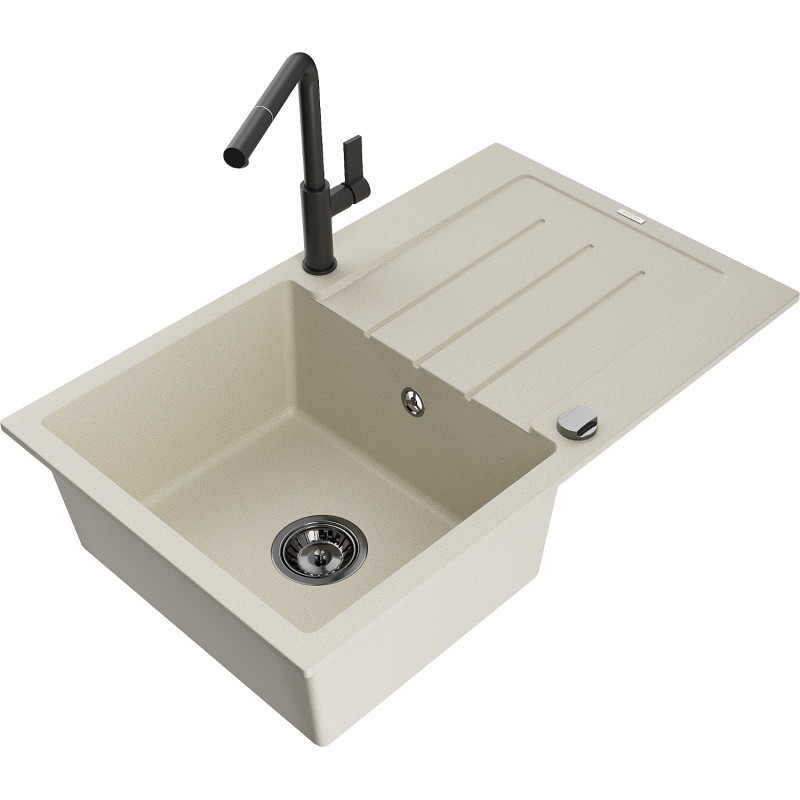 Mexen Bruno Granitspüle 1-beckig mit Abtropffläche und Küchenarmatur Flora, beige - 6513-69-670401-70-B