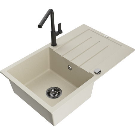 Mexen Bruno Granitspüle 1-Becken mit Abtropffläche und Küchenarmatur Flora, beige - 6513-69-670401-70-B