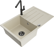 Mexen Bruno Granitspüle 1-Becken mit Abtropffläche und Küchenarmatur Flora, beige - 6513-69-670401-70-B