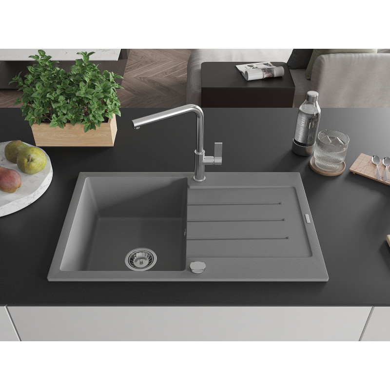 Mexen Bruno 1-beckiges Granitspülbecken mit Abtropffläche und Küchenarmatur Flora, grau - 6513-71-670401-00
