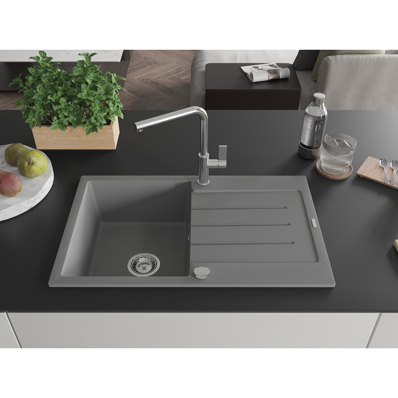Mexen Bruno Granitspüle mit 1 Becken und Abtropffläche mit Küchenarmatur Flora, grau - 6513-71-670401-00