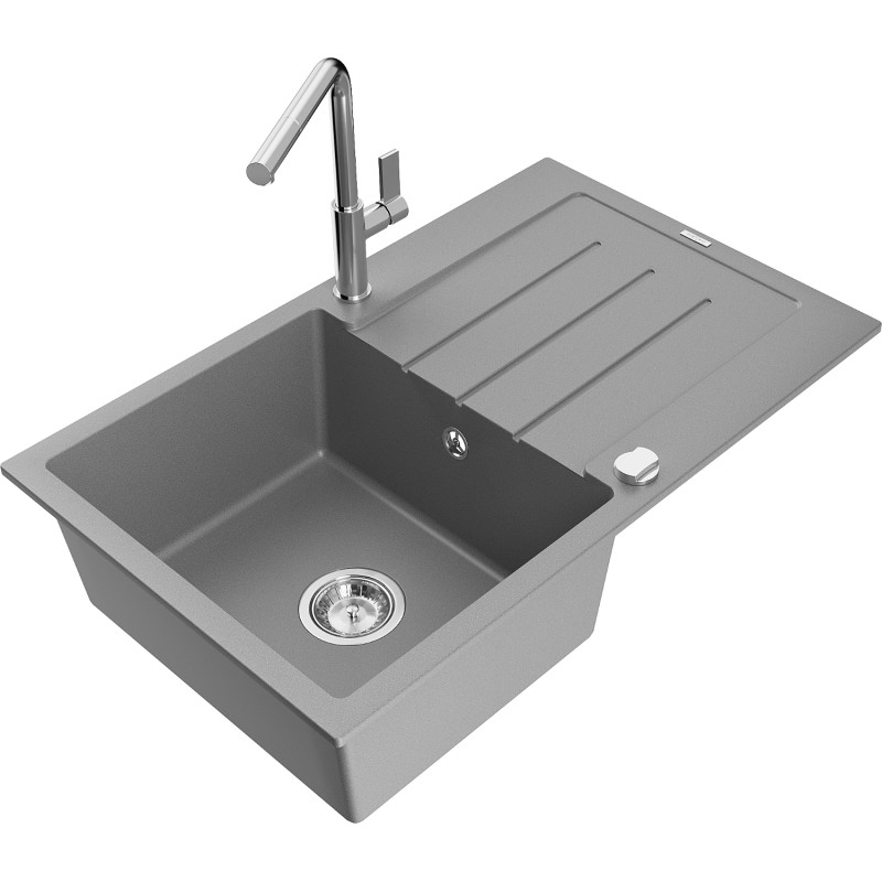 Mexen Bruno 1-beckiges Granitspülbecken mit Abtropffläche und Küchenarmatur Flora, grau - 6513-71-670401-00