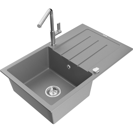 Mexen Bruno granitspüle 1-becken mit abtropffläche und küchenarmatur Flora, grau - 6513-71-670401-00