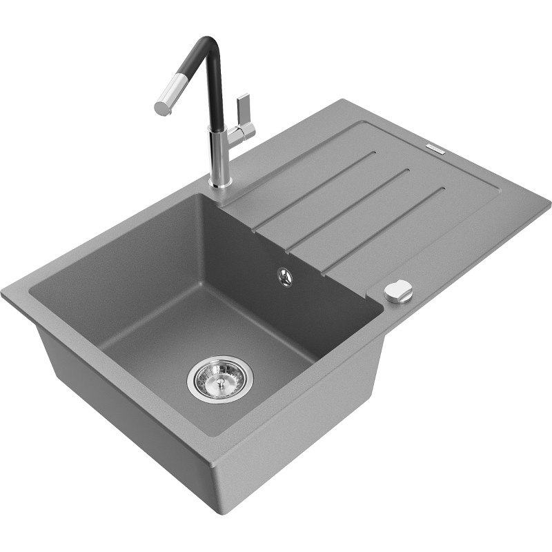 Mexen Bruno Granitspüle, ein Becken mit Abtropffläche und Küchenarmatur Flora, grau - 6513-71-670401-07
