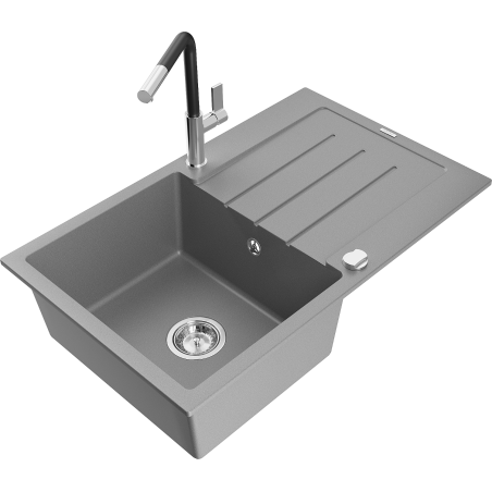 Mexen Bruno Granitspüle 1-Becken mit Abtropffläche und Küchenarmatur Flora, Grau - 6513-71-670401-07