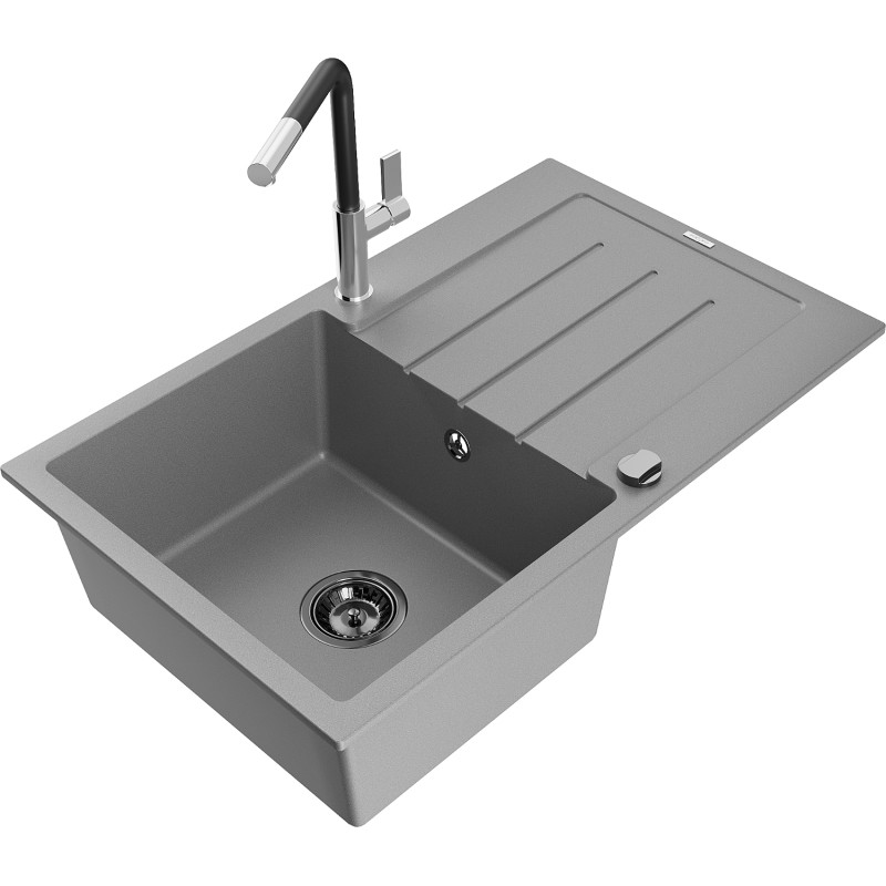 Mexen Bruno Granitspüle 1-Kammer mit Abtropffläche und Küchenarmatur Flora, grau - 6513-71-670401-07-B