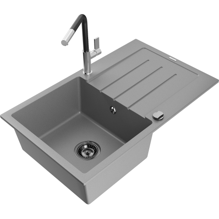 Mexen Bruno Granitspüle 1-Kammer mit Abtropffläche und Küchenarmatur Flora, grau - 6513-71-670401-07-B