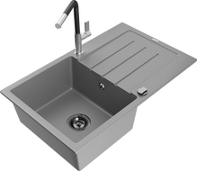 Mexen Bruno Granitspüle 1-Kammer mit Abtropffläche und Küchenarmatur Flora, grau - 6513-71-670401-07-B