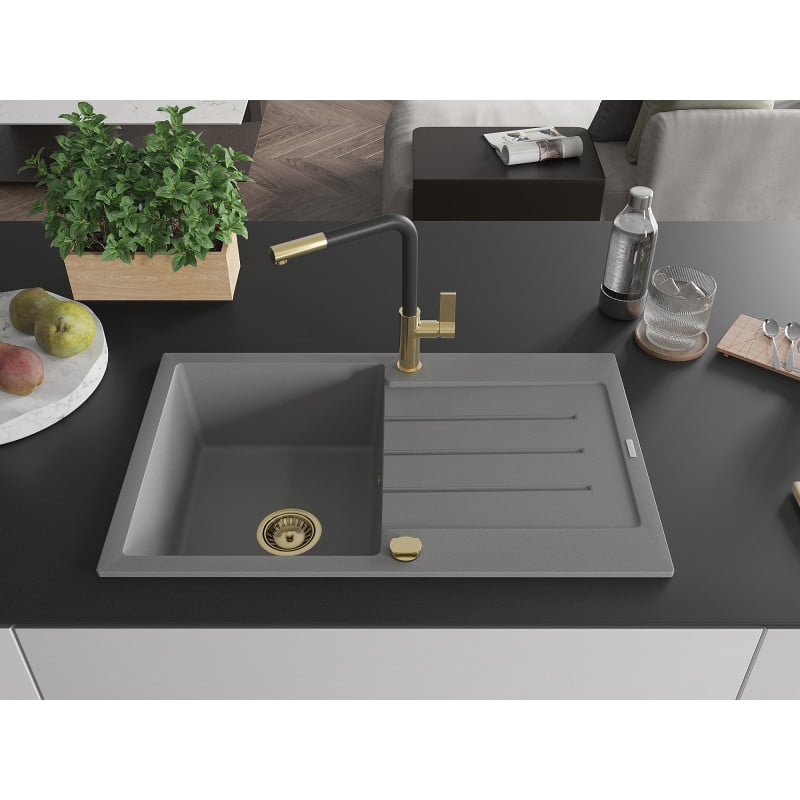 Mexen Bruno Granitspüle 1-Becken mit Abtropffläche und Küchenarmatur Flora, Grau - 6513-71-670401-57-G