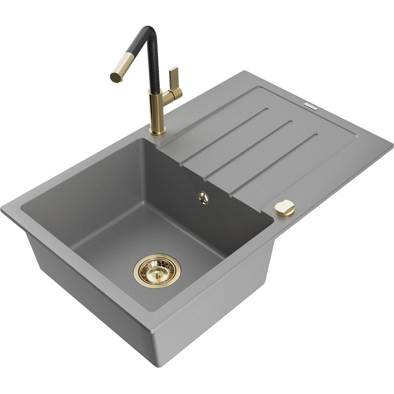 Mexen Bruno 1-Kammer-Granitzubehör mit Abtropffläche und Flora-Küchenarmatur, grau - 6513-71-670401-57-G